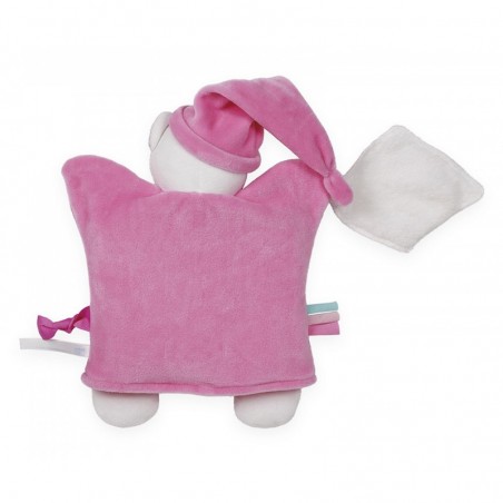 Doudou attache sucette marionnette Ourson rose