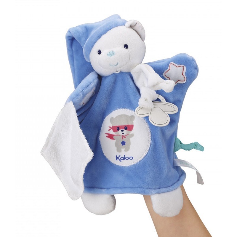 Doudou attache sucette marionnette Ourson bleu