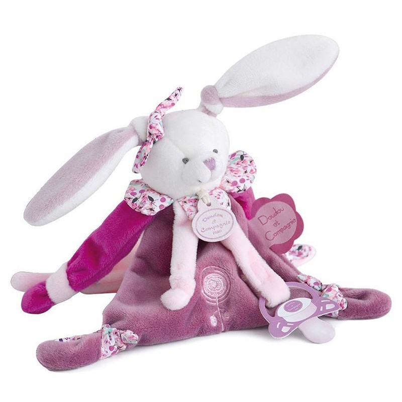 Doudou attache sucette Cerise le lapin rose